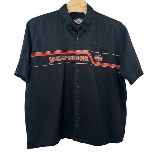 Harley Davidson Button Down Shirt Black Orange Embroidered Spell Out Logo 4XL - Picture 1 of 5